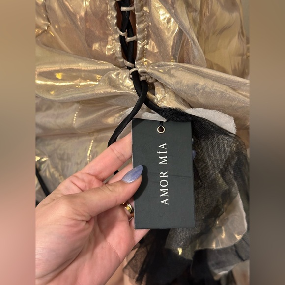 New AMOR MIA Mirrored Heart Dress in Gold & Black metallic asymmetrical mini - Picture 9 of 9